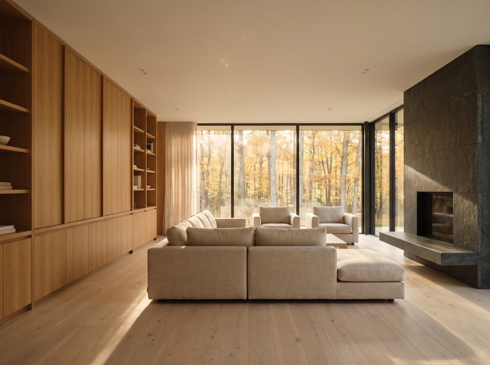 A calm oak lined living room in low autumn sun
